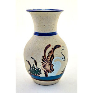 VASE-TONALA-MEXICAN-Cream Rough Finish-Blue Trim-Bird-Hand Painted-8" Tall